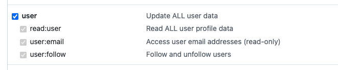 GitHub user permission selected, including profile, email and follow